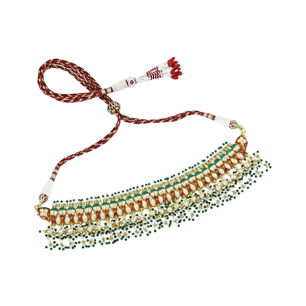 Red-Green Enamel Polki Choker with Green Beads and Pearl Clusters